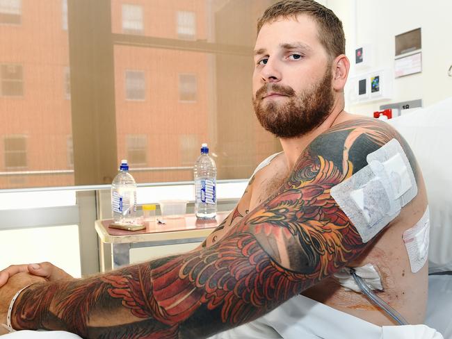 Steen Locke recovers at the Alfred Hospital after being stabbed multiple times during an uprovoked attack in St. Kilda. Picture: Jake Nowakowski