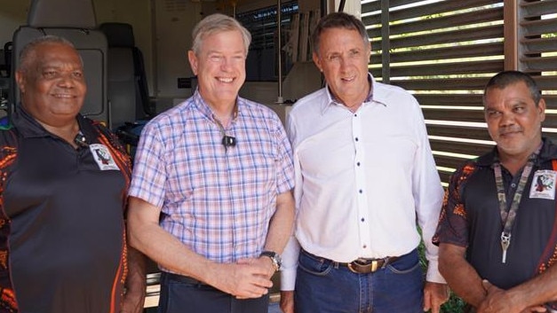 Hope Vale mayor Bruce Gibson, health minister Tim Nicholls, Member for Cook David Kempton and Hope Vale deputy mayor Barry Bowen during a recent visit to southern Cape York. Picture: Supplied.