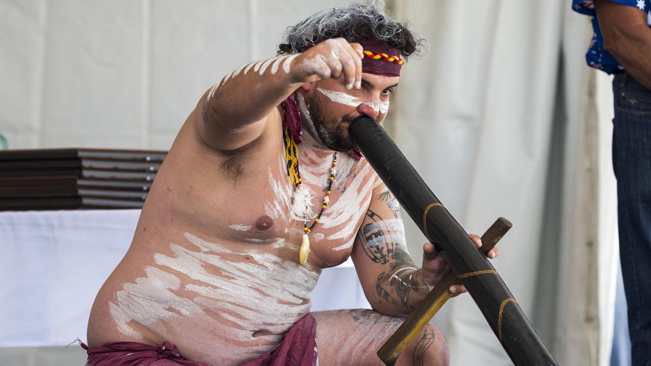 Nguluwa Dhiyaan member Damon Anderson on stage at Toowoomba Australia Day awards and celebrations at Picnic Point in 2021. Picture: Kevin Farmer