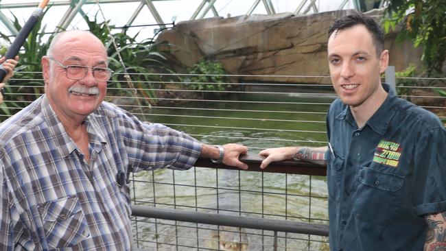 Cairns Zoom and Wildlife Dome's resident crocodile Goliath picks Member for Leichhardt Warren Entsch as the winner of the May 21 federal election over Labor party candidate Elida Faith. Warren Entsch with CaPTA wildlife keeper Dan Kemp. Picture: Brendan Radke