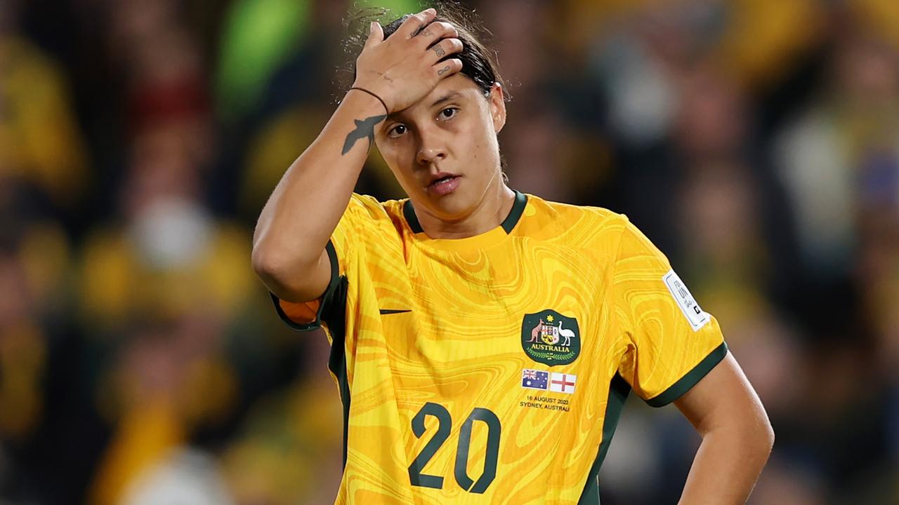 SYDNEY, AUSTRALIA - AUGUST 16: Sam Kerr of Australia reacts after England's second goal during the FIFA Women's World Cup Australia &amp; New Zealand 2023 Semi Final match between Australia and England at Stadium Australia on August 16, 2023 in Sydney, Australia. (Photo by Alex Pantling - FIFA/FIFA via Getty Images)