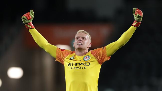 Melbourne City keeper Thomas Glover celebrates reaching the grand final. Picture: Mark Metcalfe/Getty Images