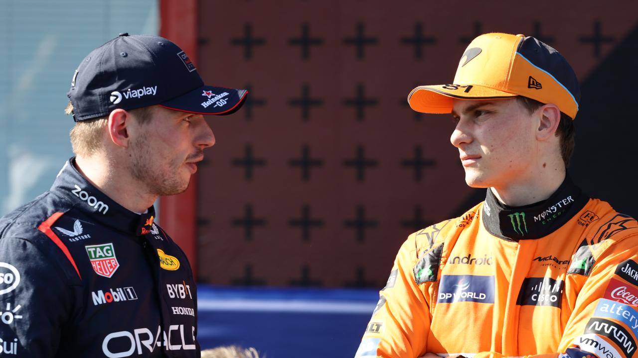 Max Verstappen of Red Bull Racing and Oscar Piastri of McLaren after qualifying ahead of the Formula 1 Emilia-Romagna Grand Prix at Autodromo Enzo e Dino Ferrari in Imola, Italy on May 18, 2024. (Photo by Jakub Porzycki/NurPhoto via Getty Images)