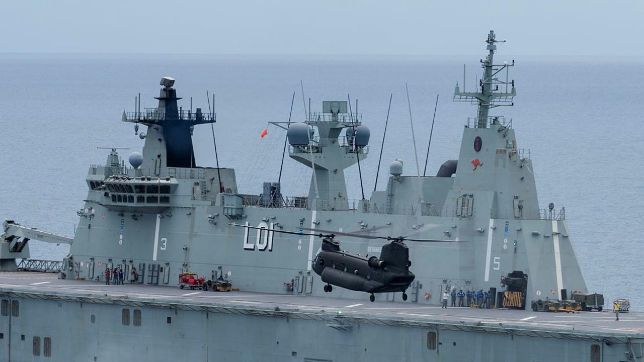 Republic of Singapore Air Force CH-47 Chinook Helicopter landing onboard HMAS Adelaide during Exercise Sea Wader 2020 off the coast of Townsville, Queensland. Picture: Defence Dept