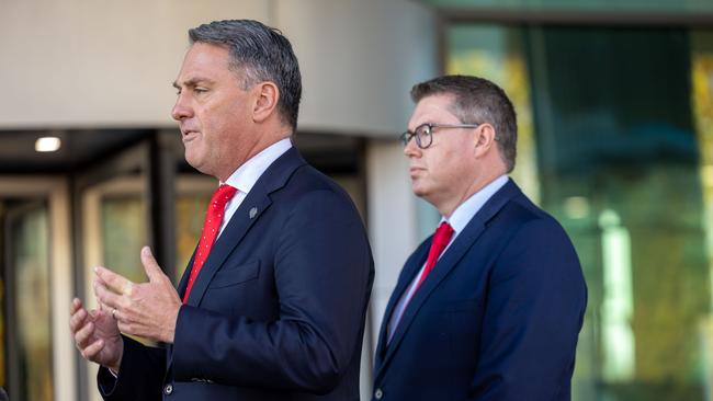 Deputy Prime Minister, Richard Marles and Minister for Defence Industry, Pat Conroy spoke to the media in Canberra following a defence industry roundtable. Picture: NCA NewsWire / Gary Ramage