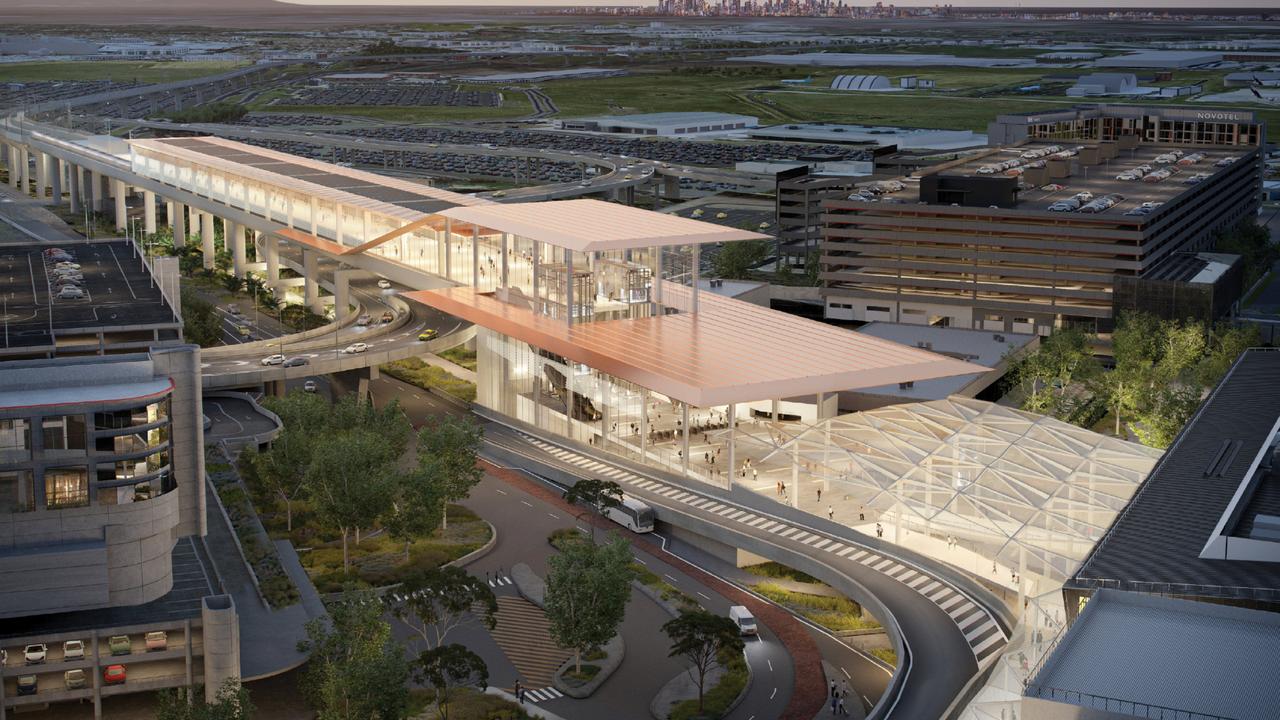 A render of the Melbourne airport station as part of the proposed Melbourne airport rail link.