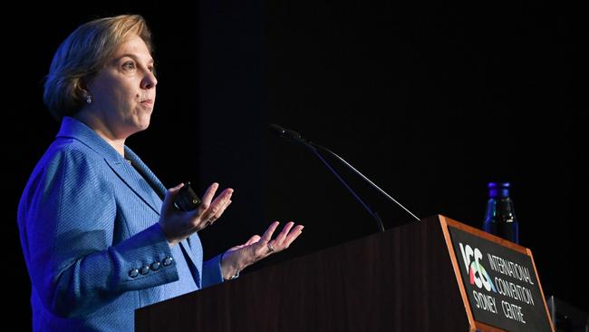 Tesla Chair Robyn Denholm speaking in Sydney in 2019.