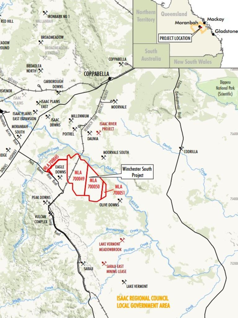 The location of Whitehaven WS’s new Winchester South open cut coal mine in the Bowen Basin within the Isaac region. Picture: Winchester South project revised draft EIS - Attachment 13 - Air quality and greenhouse gas