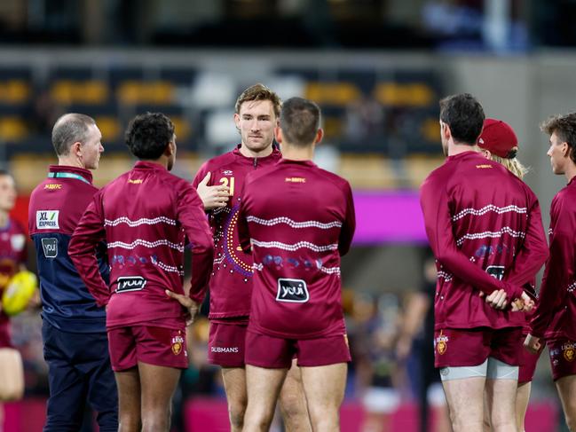 Harris Andrews (centre) says his teammates are ‘reliant’ on him. Picture: Russell Freeman/AFL Photos via Getty Images