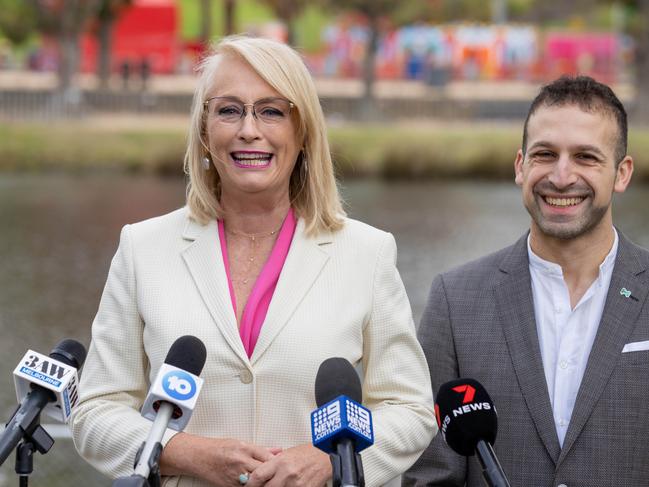 Outgoing Lord Mayor Sally Capp (left) with candidate and independent councillor Jamal Hakim (right). Picture: Supplied