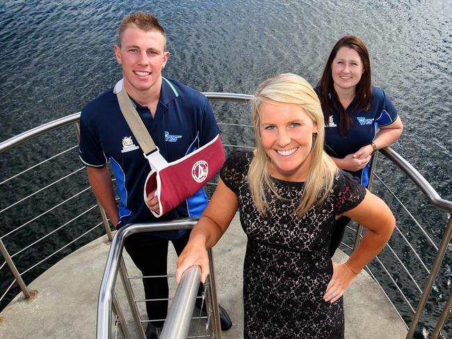 Cyclist Belinda Goss,(centre) was inducted into the TIS Champions Club in 2013 while weightlifter Jenna Myers and boxer Dylan Hardy received 2014 TIS scholarships.