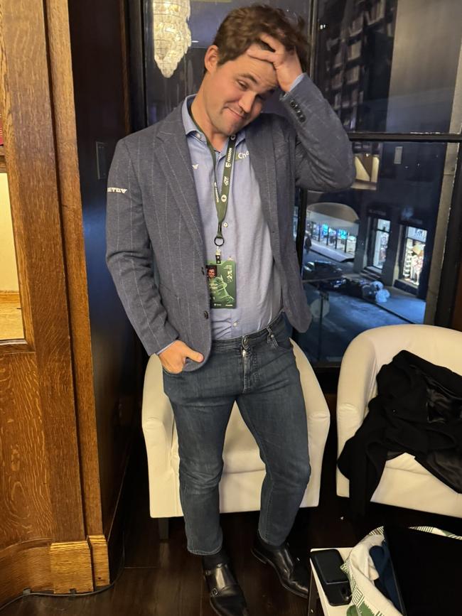 Magnus Carlsen posted this photo of himself after he refused to change from his jeans and withdrew from World Rapid 2024. Picture: X