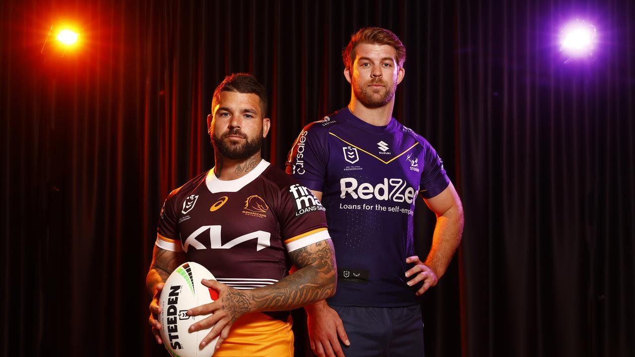 Brisbane Broncos captain Adam Reynolds and Melbourne Storm captain Christian Welch ahead of their finals clash. Picture: Richard Dobson