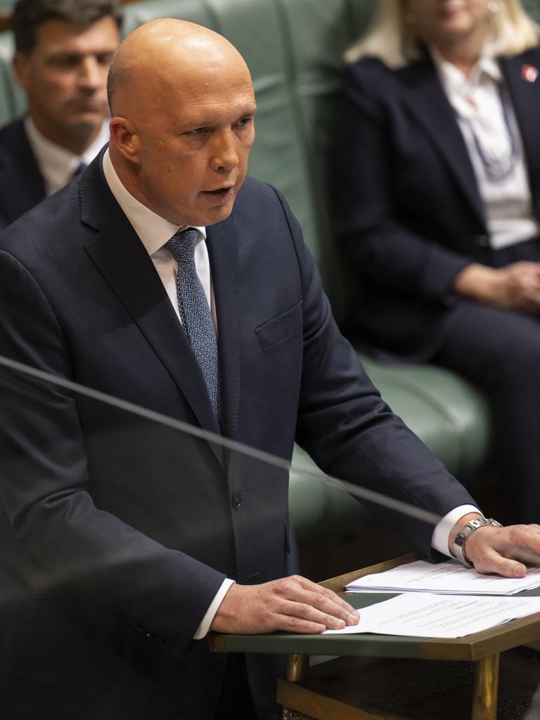 Opposition Leader Peter Dutton delivers his budget reply speech. Picture: Getty Images