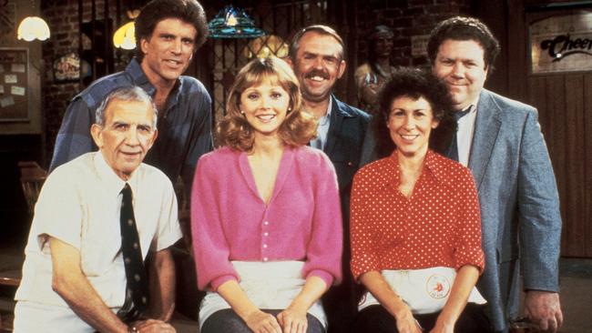 Cast of USA TV program Cheers, from left to right, Nicholas Colasanto as Coach, Ted Danson as Sam Malone, Shelley Long as Diane Chambers, John Ratzenberger as Cliff Calvin, Rhea Perlman as Carla Tortelli, and George Wendt as Norm Peterson.