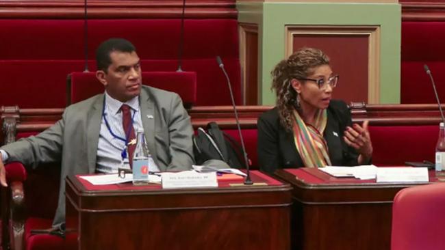 Fiji’s Minister for Women and Children Lynda Tabuya and the country’s then education minister Aseri Radrodro at the Victorian Parliament in August 2023. Picture: Parliament of Victoria