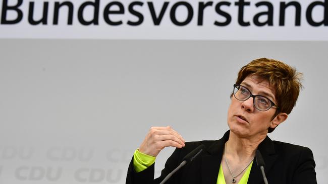 The leader of Germany's conservative Christian Democratic Union (CDU) party Annegret Kramp-Karrenbauer addresses the media during a two-day CDU leadership meeting in Potsdam, eastern Germany, on January 14, 2019. (Photo by Tobias SCHWARZ / AFP)