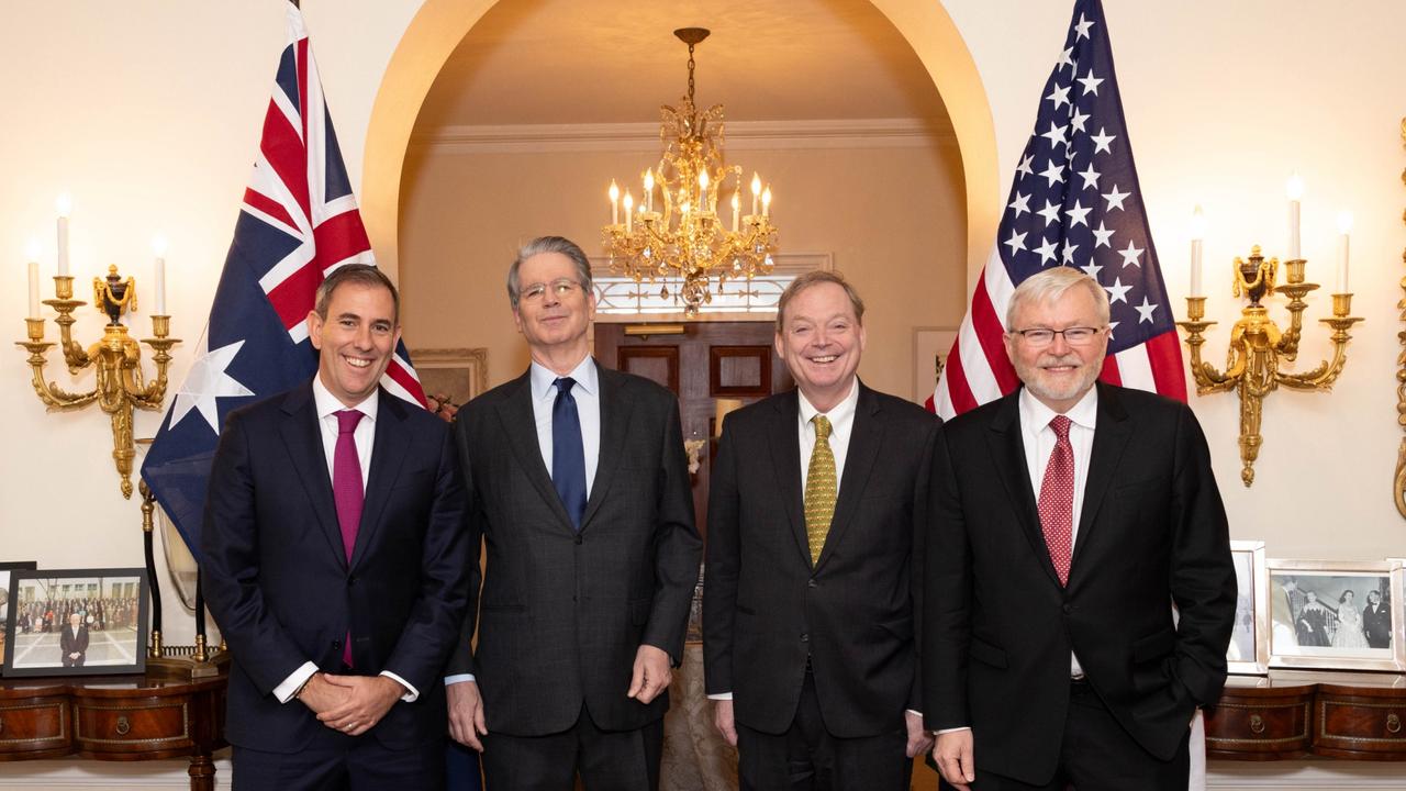 (L-R) Treasurer Jim Chalmers meets with US Secretary of the Treasury, Scott Bessent and National Economic Council Director Kevin Hassett, and Kevin Rudd in Washington DC. Picture: Michael Butcher