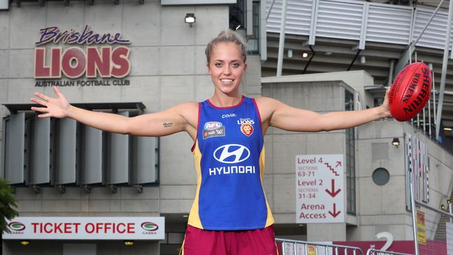 Brisbane Lions AFLW player Kaitlyn Ashmore out the front of the Gabba. Picture: Darren England