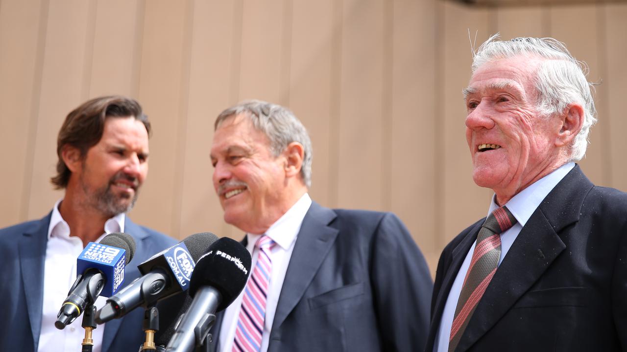 Tennis legends Pat Rafter, John Newcombe and Ken Rosewall speak to the media.