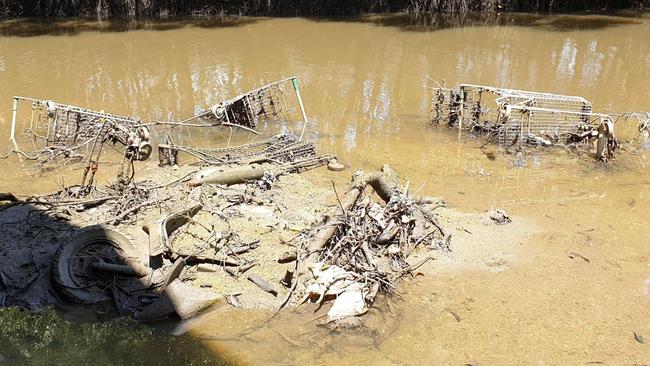 There are at least 11 shopping trolleys and two bicycles dumped in Cabbage Tree Creek, Shorncliffe. Picture: Ocean Crusaders