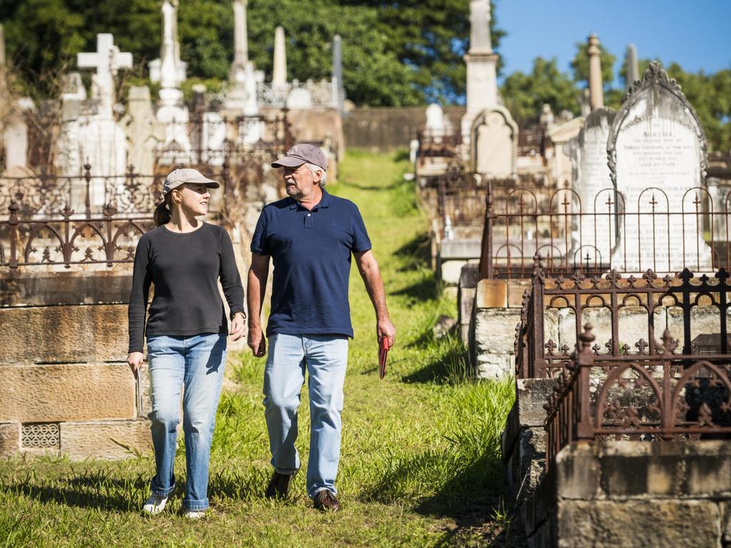 Helen Goltz and Chris Adams at Toowong Cemetery in Brisbane. Picture: Michelle Bowden