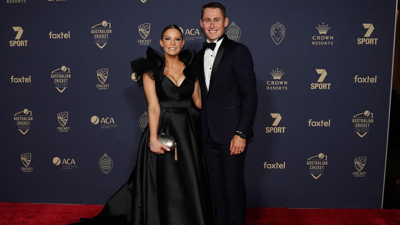 Rebekah Labuschagne and Marnus Labuschagne arrive to attend the 2020 Australian Cricket Awards at Crown in Melbourne. Photo: AAP Image/Scott Barbour