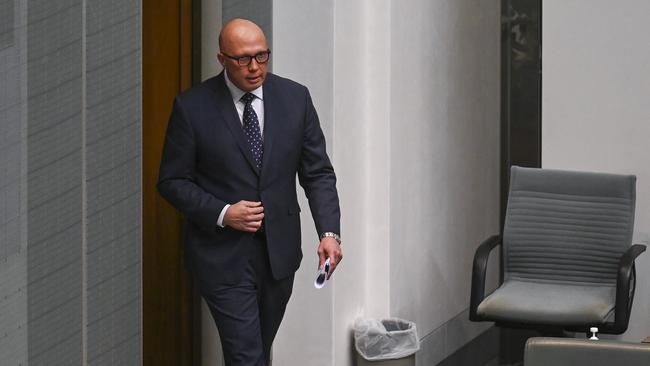 Peter Dutton arrives to deliver his Budget reply in the House of Representatives. Picture: NCA NewsWire / Martin Ollman