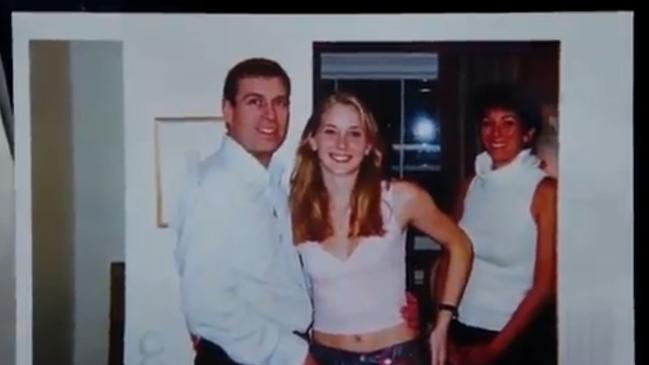 The notorious 2001 photograph of Prince Andrew, a 17-year-old Virginia Roberts and Ghislaine Maxwell. Picture: Channel 9