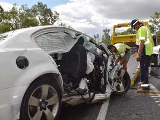 FATAL CRASH: The horrific scene of a two-vehicle crash along the Bruce Hwy at Kolonga, north of Gin Gin. Picture: Jim Alouat