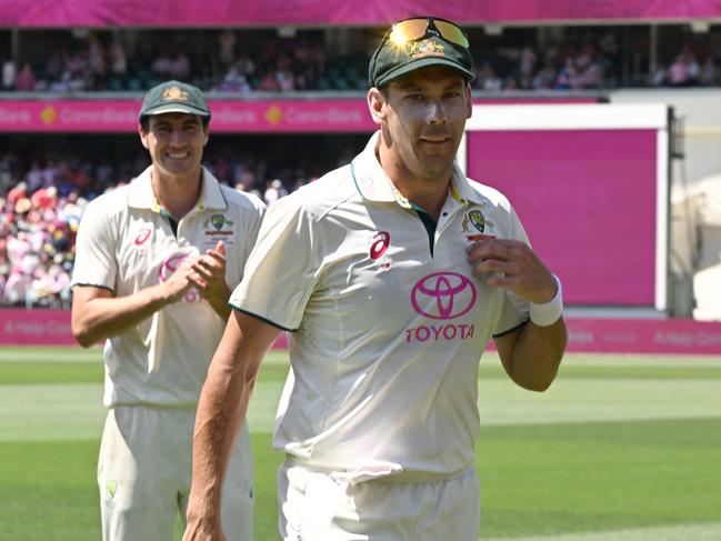 Scott Boland leaves the field after taking 10-76 for the Test. Picture: AFP