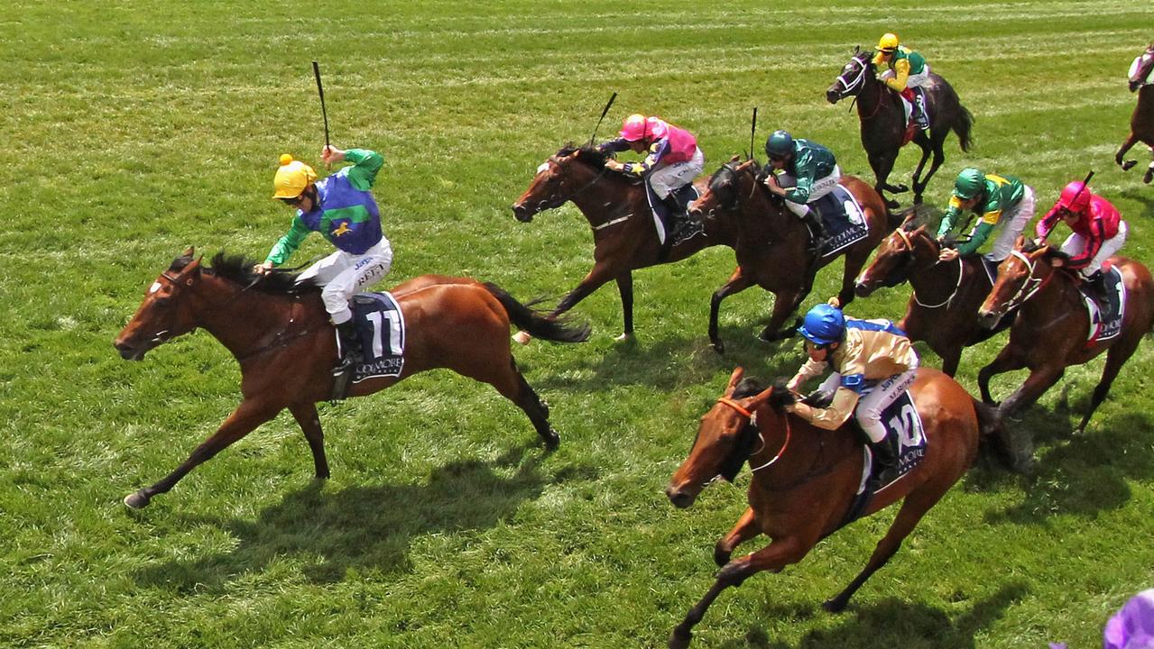 Jockey Christian Reith riding Nechita wins Race Four the Coolmore Stud Stakes during AAMI Victoria Derby Day at Flemington Racecourse on 3rd November, 2012.