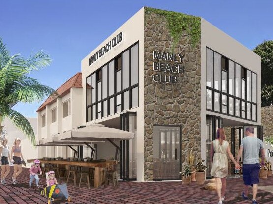 An artist impression of the outside of a Bali-style beach club at Manly. It is a concept proposed for the redevelopment of the Manly Surf n Slide site at Manly Cove. Picture: Supplied.