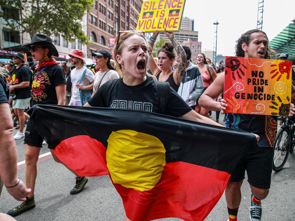 Invasion Day protesters in Sydney on January 26. Picture: Roni Bintang/Getty Images