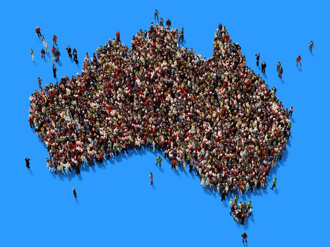 AUSTRALIA POPULATION STOCK -  Human crowd forming a big Australian map on blue background. Horizontal  composition with copy space. Clipping path is included. Population and Social Media concept. Picture: Istock