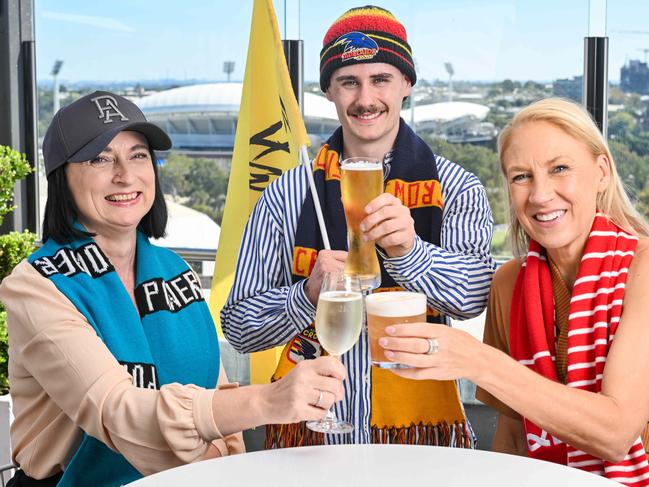 MARCH 28, 2024: Kerry Bray, Trent Mahony  and Alex Pledge at 2KW preparing for the AFL Gather Round weekend. Picture: Brenton Edwards