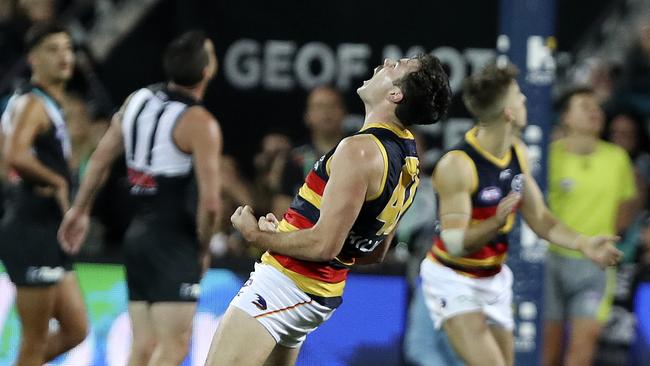 Mitch McGovern celebrates after taking a strong mark and converting the goal in the last quarter of Showdown 44. Picture: Sarah Reed