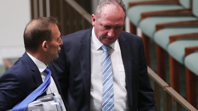 Tony Abbott and Barnaby Joyce leave together after Question Time. Picture: Kym Smith