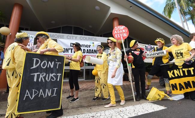 Protestors outside the front of Lismore CIty Council raising concern about Adani and companies that support Adani. Picture: Marc Stapelberg