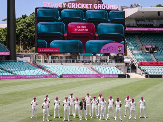 The Australian players pose for pictures at the Sydney Cricket Ground on Tuesday. Picture: David Gray / AFP