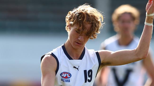 MELBOURNE, AUSTRALIA - JUNE 18: Angus Hastie of Vic Country in action during the 2023 AFL National Championships match between Vic Country and South Asutralia at Ikon Park on June 18, 2023 in Melbourne, Australia. (Photo by Graham Denholm/AFL Photos via Getty Images)