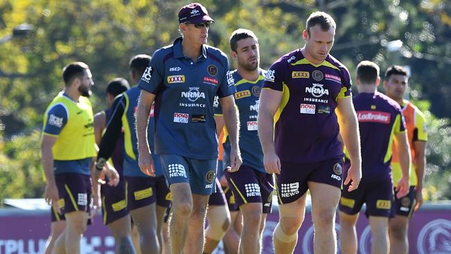 Brisbane Broncos coach Wayne Bennett (centre left) is seen during a team training session at Red Hill. Picture: AAP