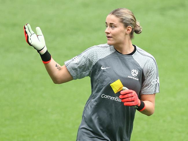 GOLD COAST, AUSTRALIA - NOVEMBER 30: Teagan Micah during a Matildas training session at Cbus Super Stadium on November 30, 2024 in Gold Coast, Australia. (Photo by Chris Hyde/Getty Images)