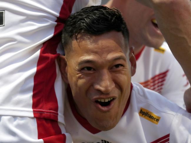 Israel Folau reacts after scoring a try. Picture: AP