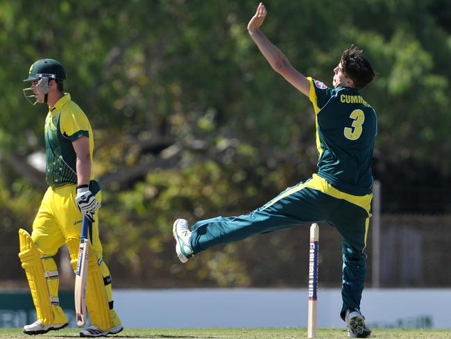 Australia A v National Performance Squad at Marrara Oval, Darwin. Australia A's Pat Cummin's hits the bowling crease. (Justin Sanson)