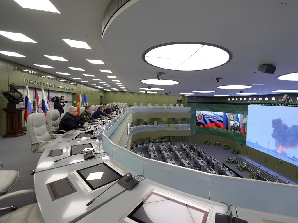 The Defense Ministry's control room in Moscow, Russia, when the Avangard was launched from the Dombarovskiy missile base in the southern Ural Mountains. The Kremlin says it successfully hit a designated practice target on the Kura shooting range on Kamchatka, 6000 kilometers away. Picture: AP