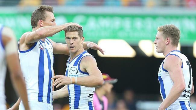Nick Dal Santo of the Kangaroos celebrates a goal. (Photo by Chris Hyde/Getty Images)