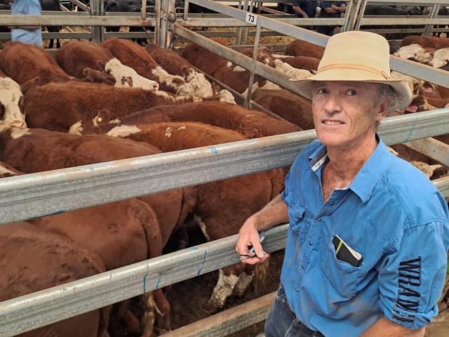 Damian Christian, Chiltern, was an example of buyers trying to get some well-priced stock around them at Wodonga in this current downturn. He paid $1070 for 24 Hereford steers weighing 379kg, describing them as “too good to pass-up – I’ll find space for them somewhere".