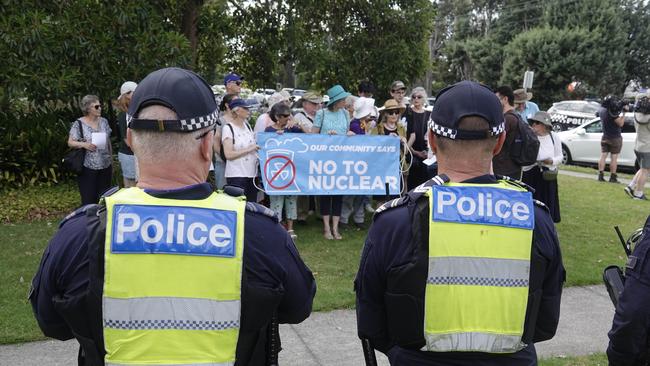 An anti-nuclear protest outside Mr Dutton’s rally. Picture: NewsWire / Valeriu Campan