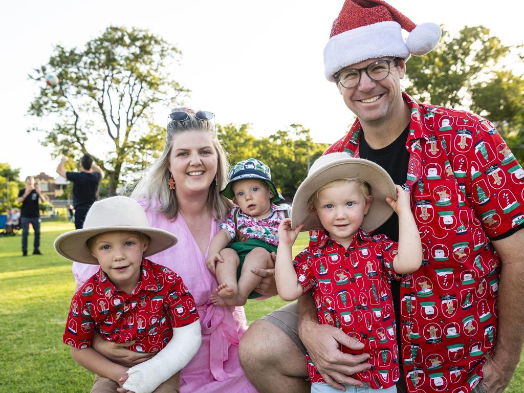 Liesa and Ryan Harris with their kids (from left) Harvey, baby Max and Jed at the Triple M Mayoral Carols by Candlelight, Sunday, December 11, 2022. Picture: Kevin Farmer